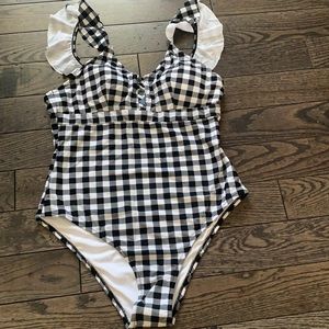 Black and White Gingham Ruffled One-Piece Swimsuit